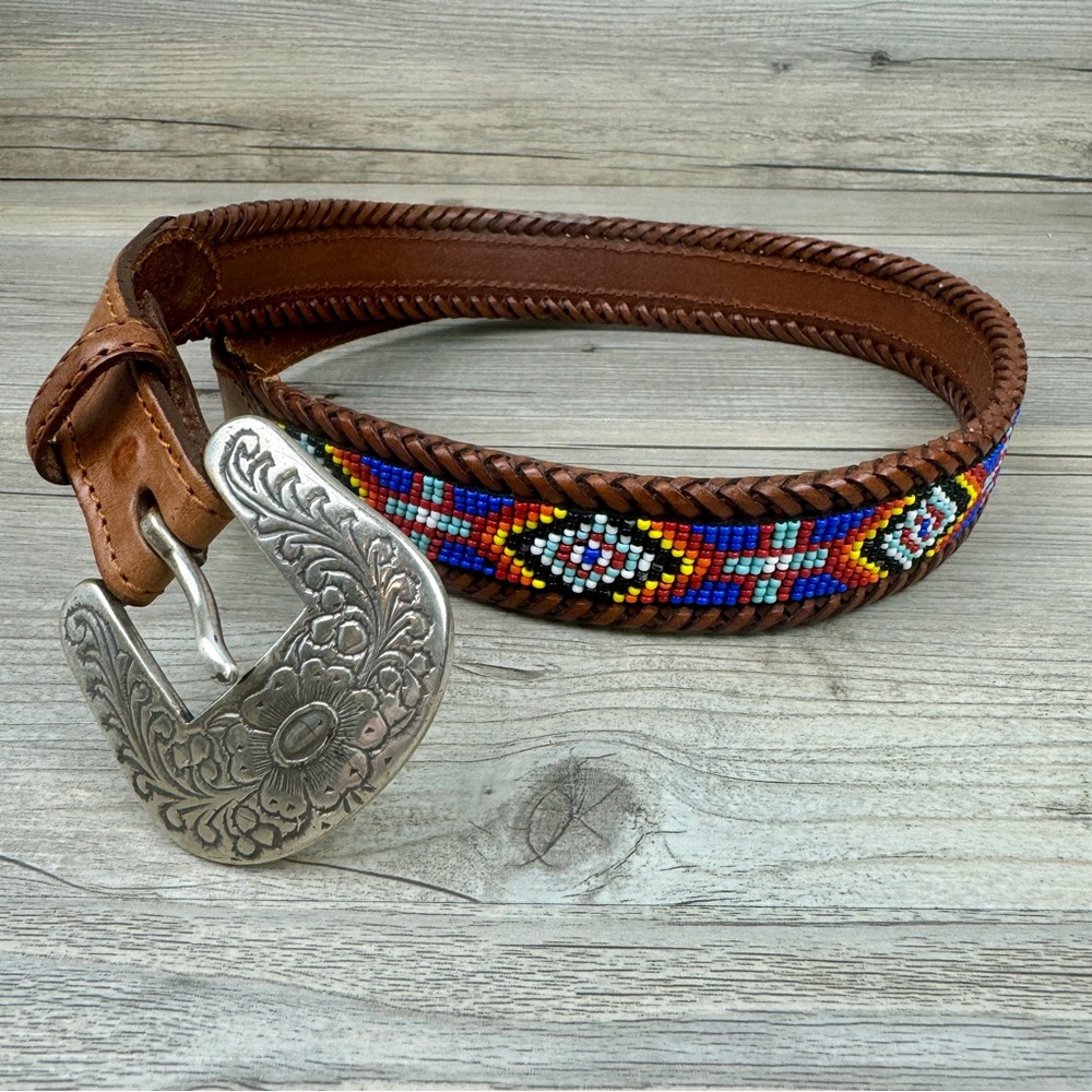 Child’s Boho style beaded leather belt 28”.